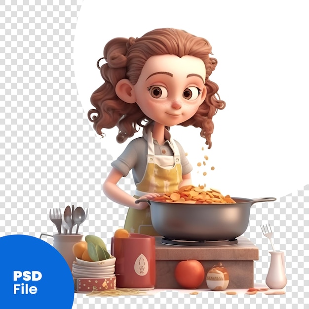 부에서 요리하는 귀여운 어린 소녀의 3d 디지털 렌더링 Psd 템플릿