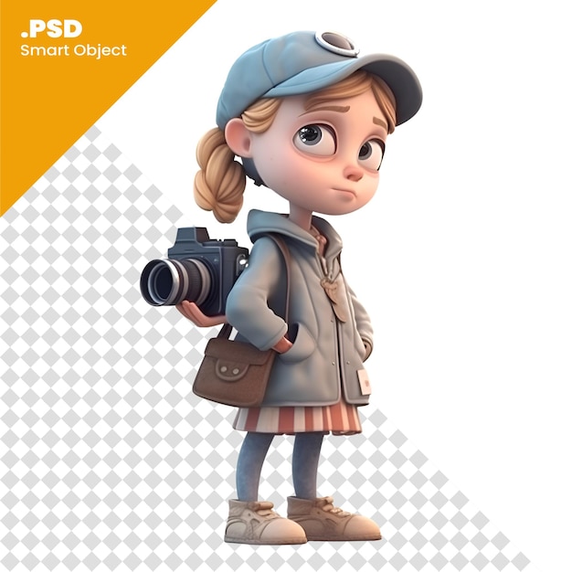 PSD 白い背景に分離されたカメラを持つかわいい女の子の 3 d デジタル レンダリング psd テンプレート