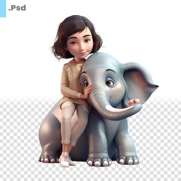 PSD ⁇ 색 배경 psd 템플릿에 고립된 코끼리를 가진 귀여운 작은 소녀의 3d 디지털 렌더링