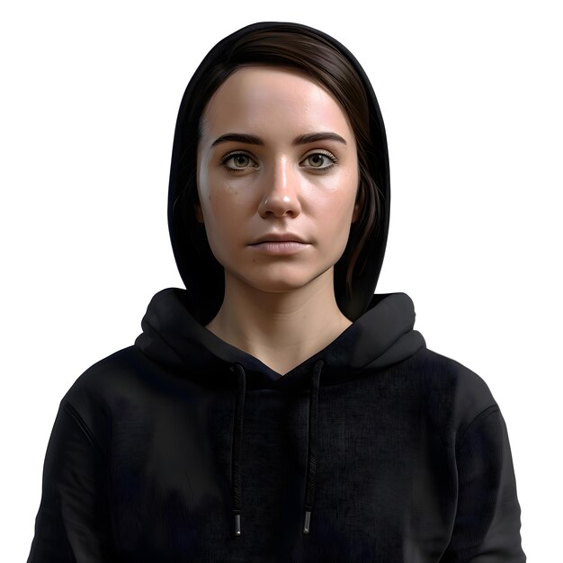 PSD 3d digital render of a young woman with black hoodie isolated on white background