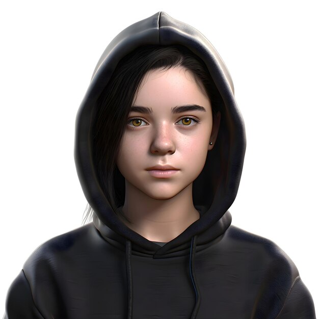 PSD 3d digital render of a young woman with hood isolated on white background