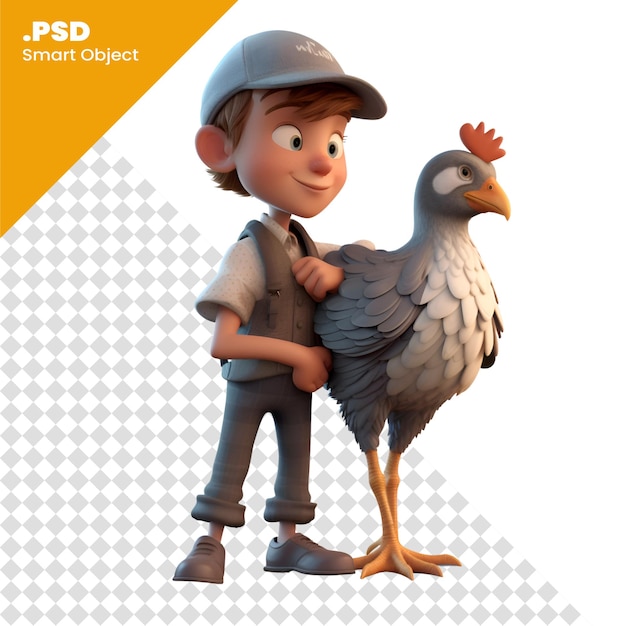 PSD 3d digitale weergave van een jongen met een kip geïsoleerd op een witte achtergrond psd-sjabloon