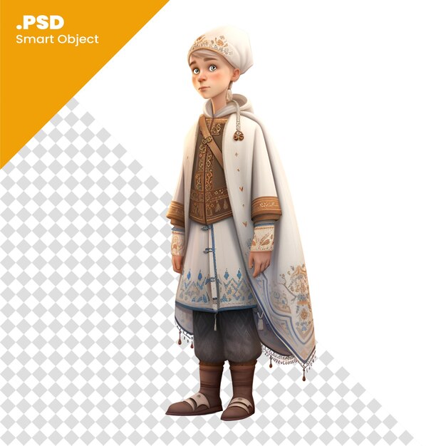 PSD 3d digitale weergave van een kleine jongen in een middeleeuws kostuum geïsoleerd op een witte achtergrond psd-sjabloon