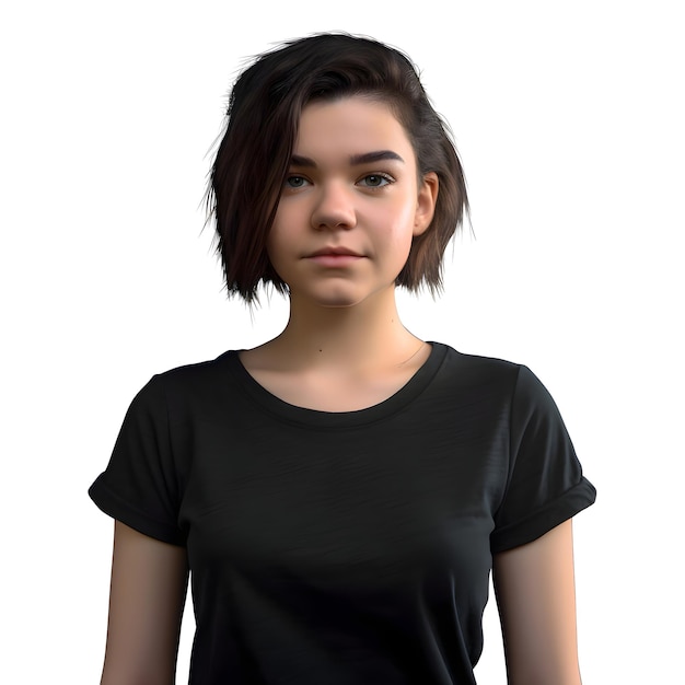PSD 3d digitale weergave van een mooi jong meisje met zwart t-shirt geïsoleerd op witte achtergrond