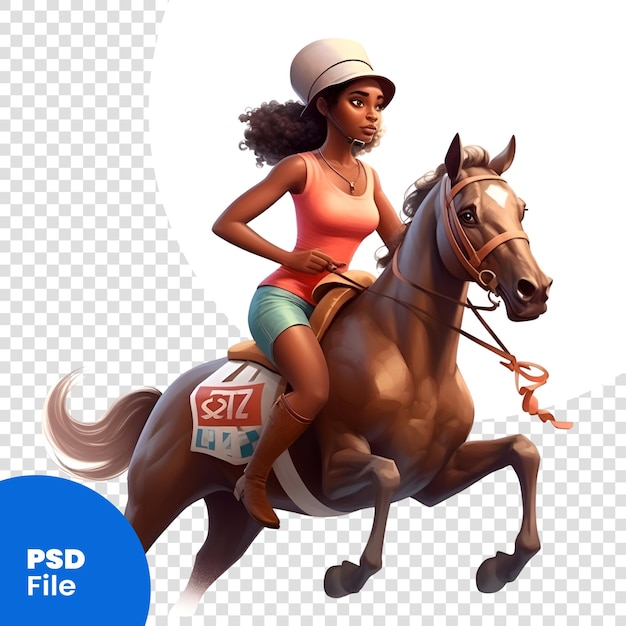 PSD 3d digitale weergave van een mooie afro-amerikaanse vrouw die op een paard rijdt, geïsoleerd op een witte achtergrond psd-sjabloon