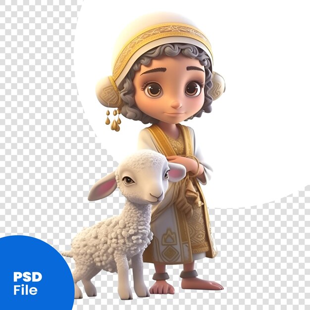 PSD 3d digitale weergave van een moslimbaby met schapen geïsoleerd op een witte achtergrond psd-sjabloon