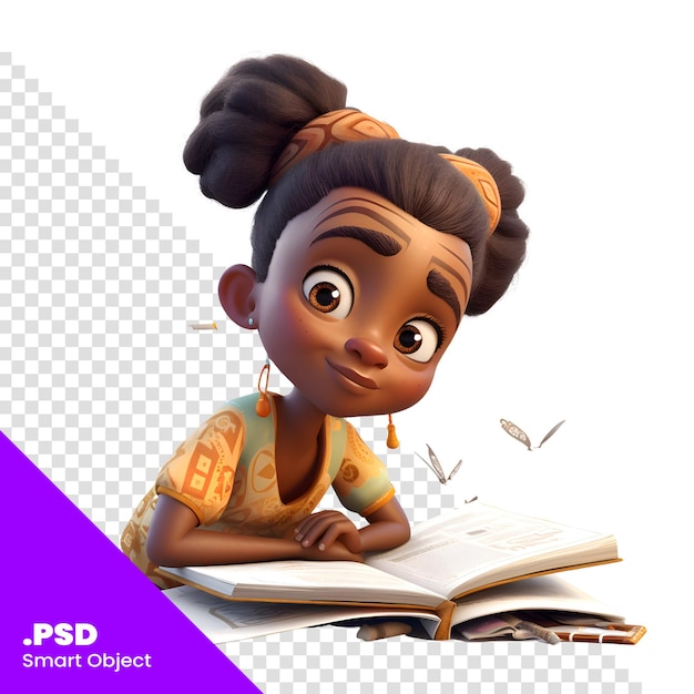 3d digitale weergave van een schattig afro-amerikaans meisje dat een boek leest geïsoleerd op een witte achtergrond psd-sjabloon