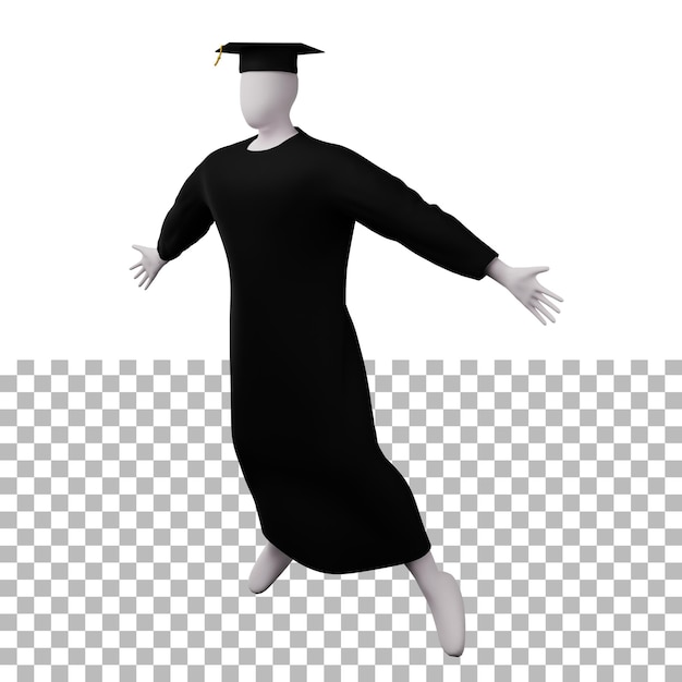PSD 3d-diploma afstuderen figuur pose met pet en toga en doet een vliegende pose vanuit zijaanzicht