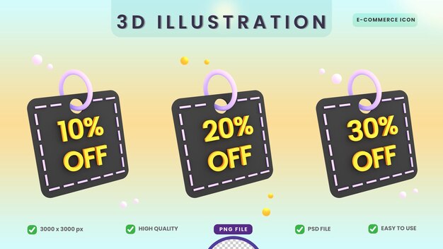 3d discount 10 20 30 off sale tag icon ecommerce illustration