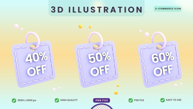 PSD 3d discount 40 50 60 off sale tag icon ecommerce illustration