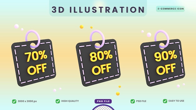 PSD 3d discount 70 80 90 off sale tag icon ecommerce illustration