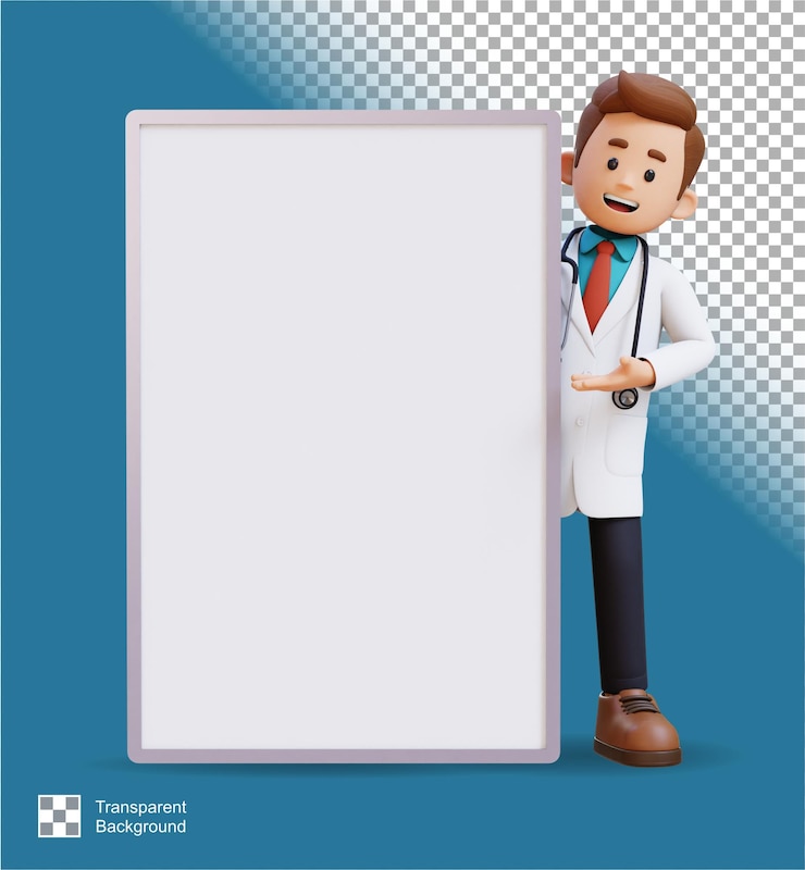 PSD 3d doctor character presenting on blank placard suitable for medical content