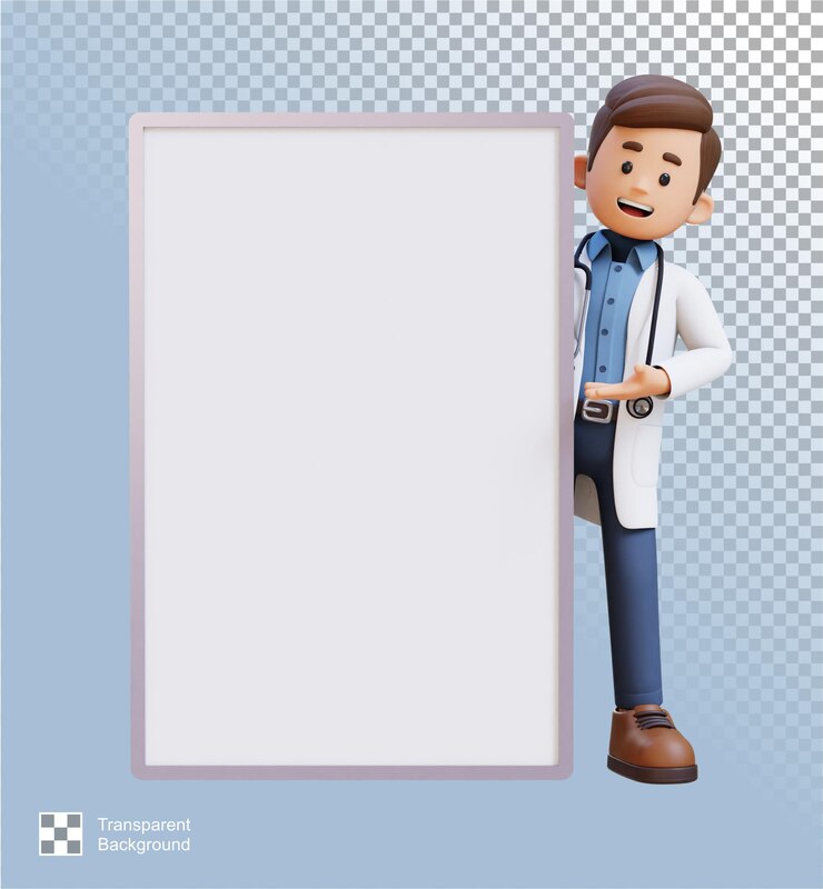 PSD 3d doctor character presenting on blank placard suitable for medical content