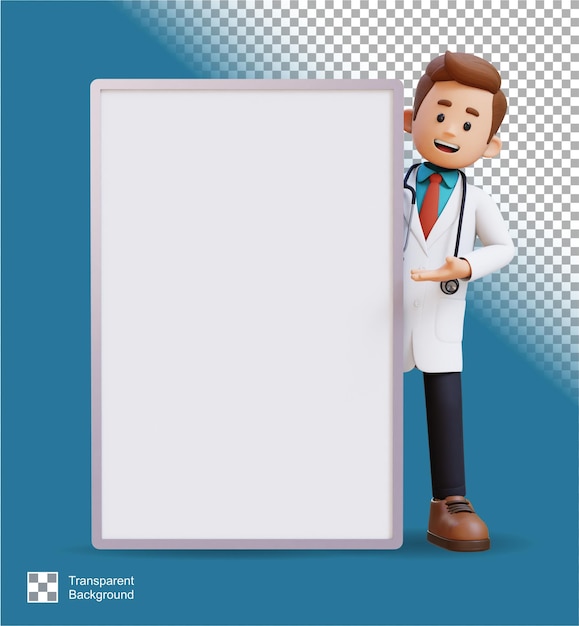 PSD 3d 의사 캐릭터가 빈 플래카드에 소개되어 의료 콘텐츠에 적합합니다.