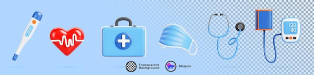 3d doctor equipment kit first aid medicine bag medical face mask thermometer stethoscope electronic blood pressure tonometer heart with beat pulse line Cartoon render icon set