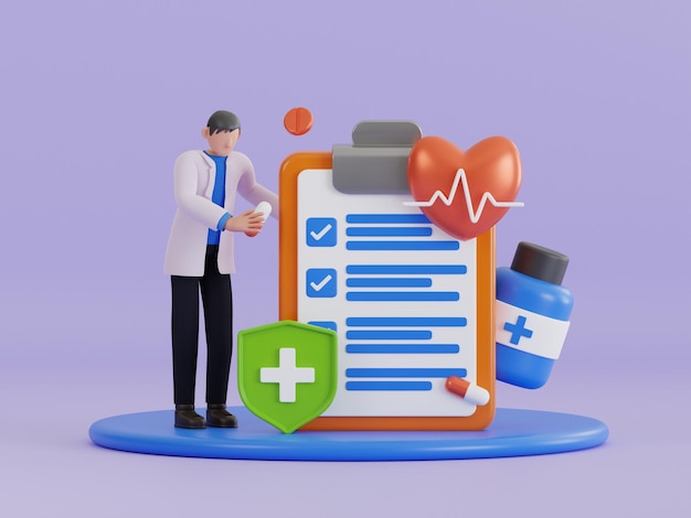 PSD 3d doctor writing prescription and holding pills male doctor prescribing medical treatment