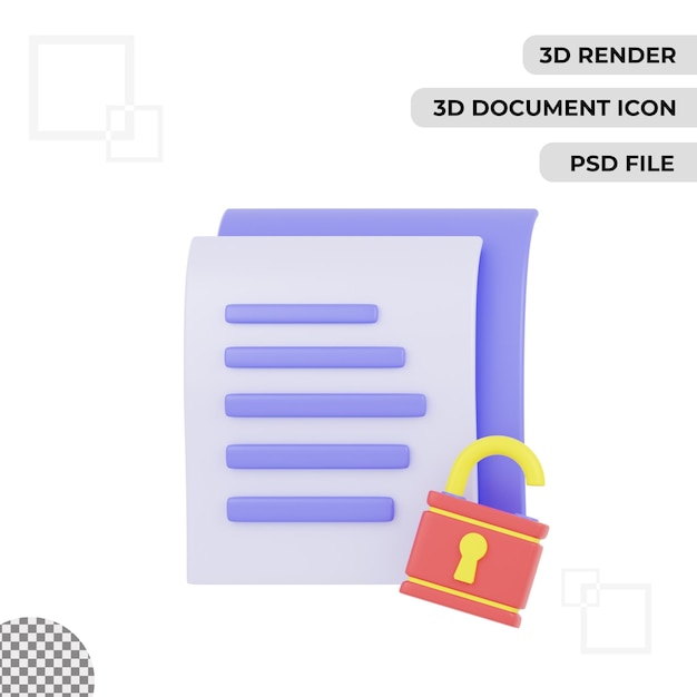 PSD 3d document unlock icon render isolated transparent background