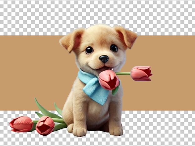PSD 3d dog holding a red flowers