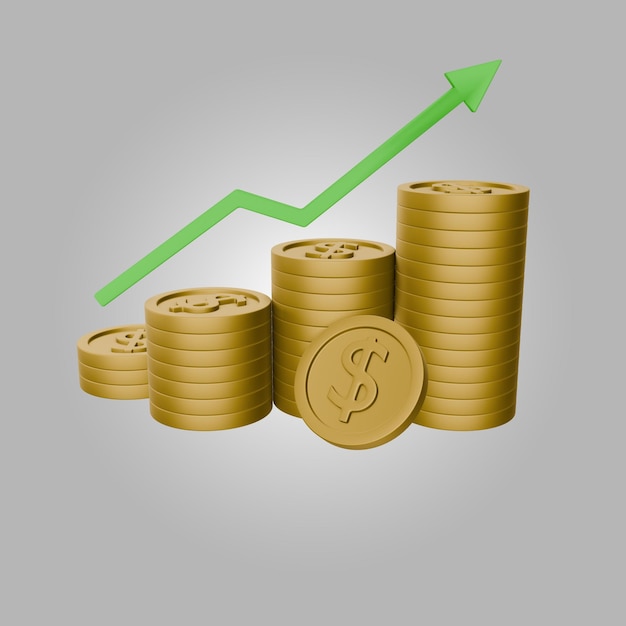 PSD 3d dollar coin stacks illustration with upgrowth arrow