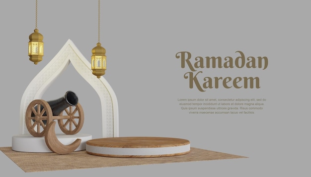 3d Drewniane Podium Ramadan Kareem Tło Z Lampą I Armatą