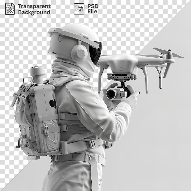 PSD 3d drone pilot navigating the skies equipped with a large gun and white helmet while holding a large gun and wearing a white belt