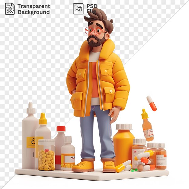 PSD 3d drug dealer cartoon selling illegal substances on white countertop surrounded by various bottles including orange white yellow and orange and white bottles with a brown hat and