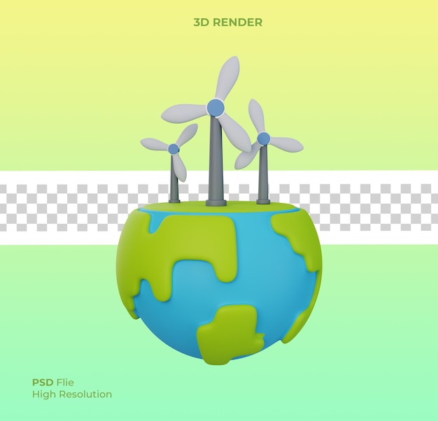 PSD il globo 3d del concetto di ambiente mondiale della giornata della terra con turbina eolica salva il pianeta e isola l'energia