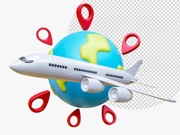 PSD 3d earth globe with pinpoints and airplane online delivery service global logistic transportation worldwide freight product shipping online shopping worldwide concepts 3d rendering