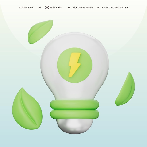 3d eco lightbulb icon with green leaf for renewable energy clean power and sustainability concept