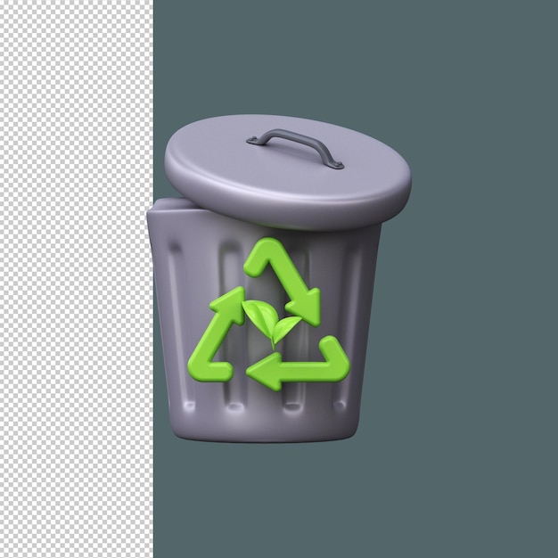 PSD 3d значок экологического мусора мусорное ведро со знаком переработки и листьями растений