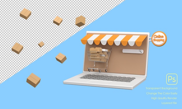 Concetto di e-commerce 3d shopping online e servizio di consegna su un'applicazione per computer