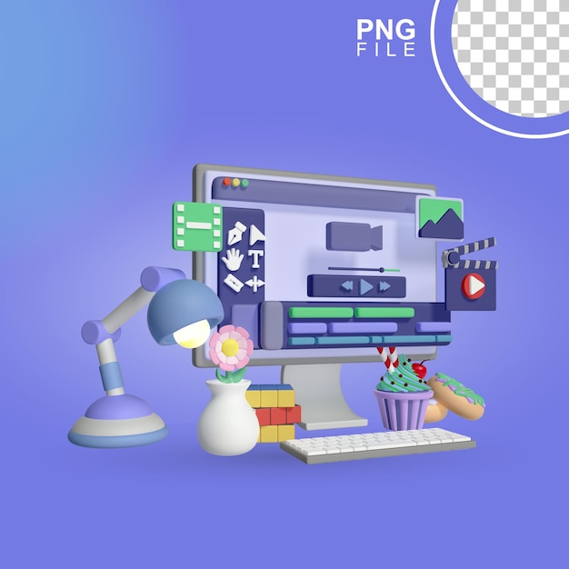 3D-editor Workspac blauwe achtergrond met een afbeelding van een computer