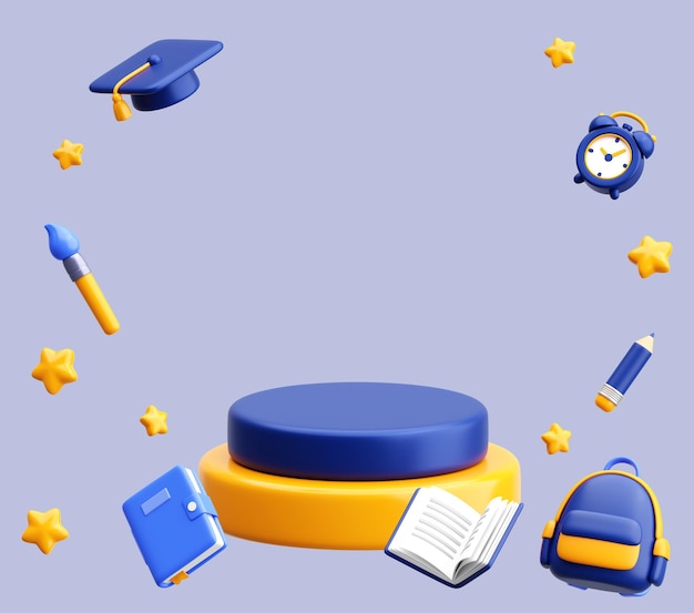 3D Education Background Scene with Books Backpack and Graduation Cap