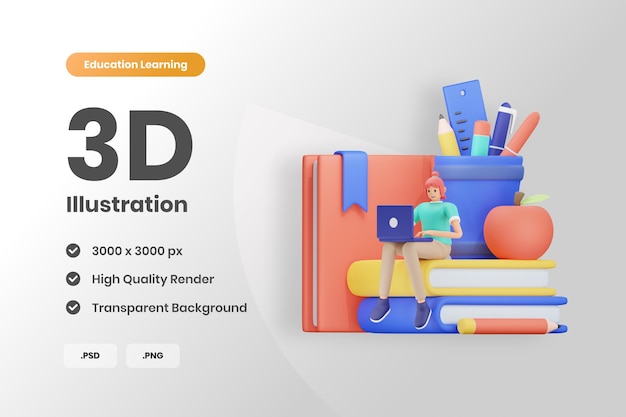 3d education learning girl study с иллюстрацией ноутбука