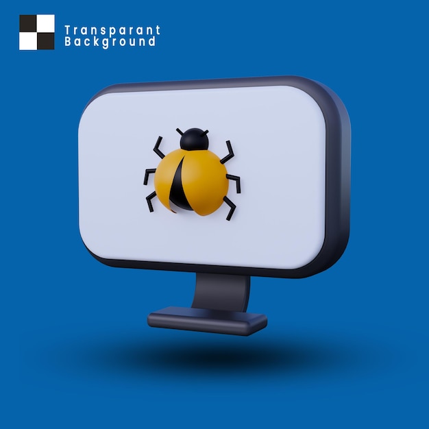 3D Een computermonitor met een geïsoleerd bugpictogram
