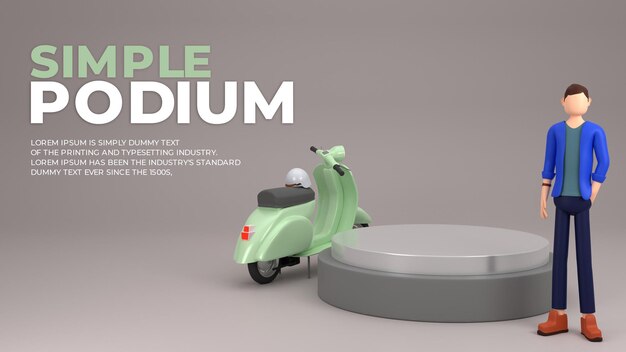 3d eenvoudig podium met man en scooter