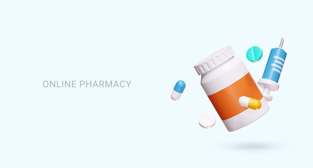 3D EHBO-doos met pillendoosjes en spuit Medische apparatuur Healthcare-sjabloon Online apotheek