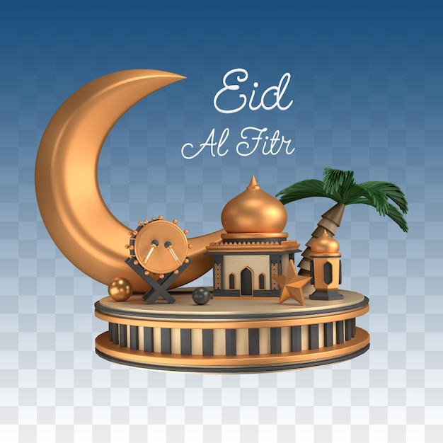 3D Eid Al Fitr podium with mosque Premium PSD Transparent Background