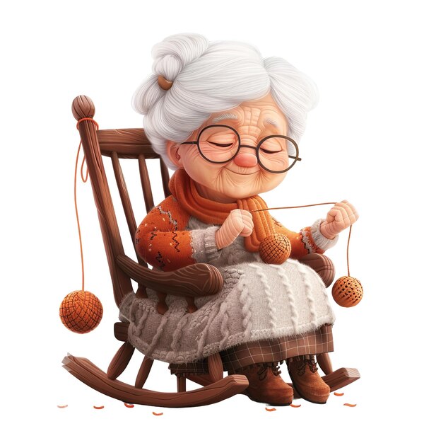 PSD 3d elderly cute woman knitting on a rocking chair grandmother