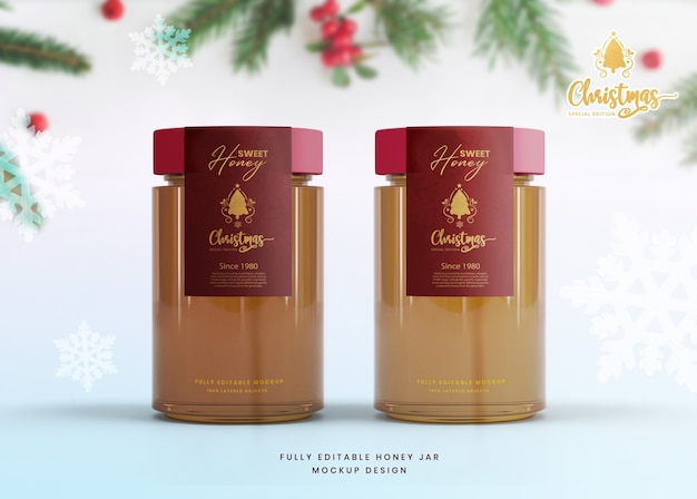 3d-elegante mockup voor glazen honingpot met speciale editie van kerstmis