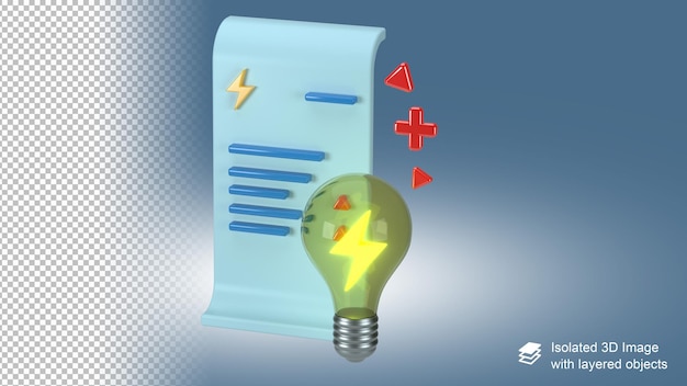 PSD 3d elektriciteitsrekeningpictogram met een gloeilamp