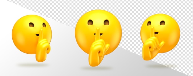 3d emoji of a yellow face with finger on lips in 3d render with transparent background