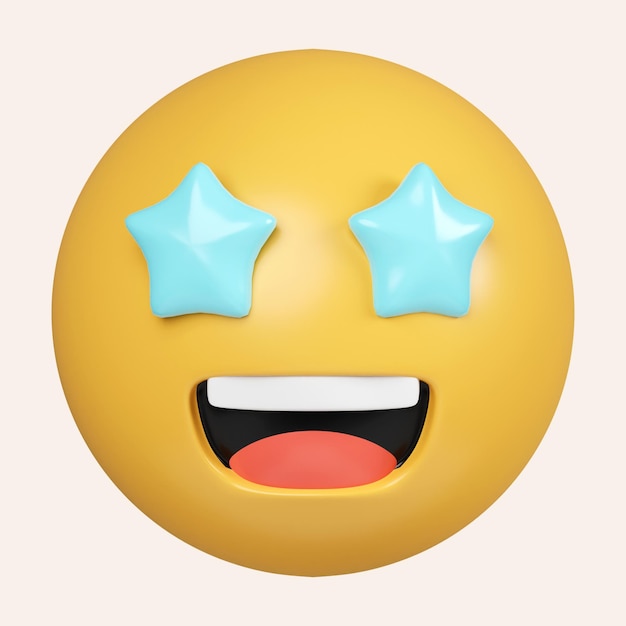 3d emoji starry eyed emoji excited emoticon face with blue star shaped eyes and happy wide opened mouth icon isolated on gray background 3d rendering illustration clipping path