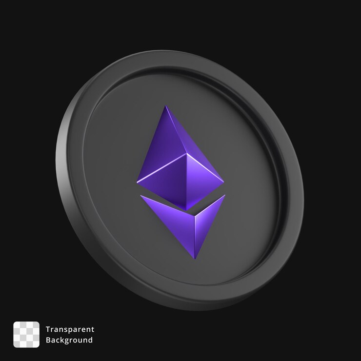 PSD 3d ethereum coin on black background
