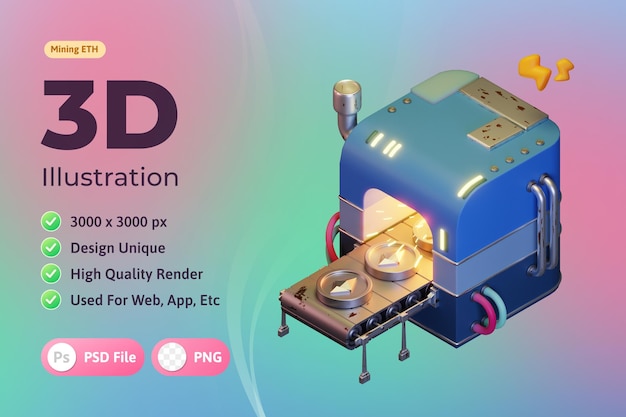 PSD 3d ethereum illustration, with box machine, used for web, app, infographic etc