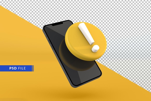 PSD 3d exclamation icon and smartphone on yellow background