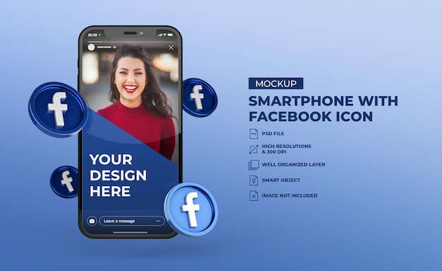 PSD 3d facebook social media icons with mobile screen smartphone mockup