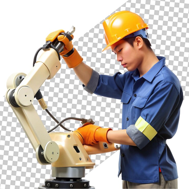PSD 3d factory worker in safety gear operating machinery dressed in industrial safety gear labor day
