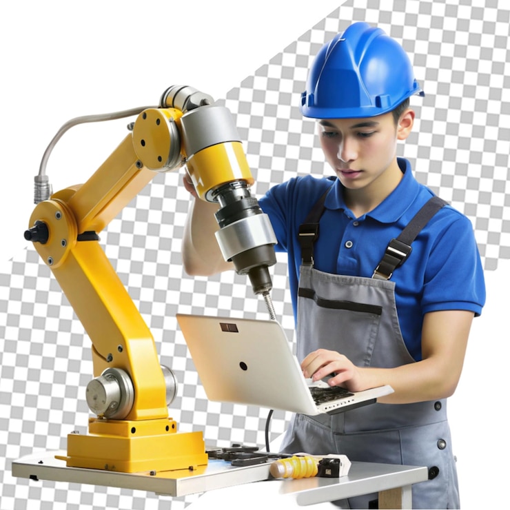 PSD 3d factory worker in safety gear operating machinery dressed in industrial safety gear labor day