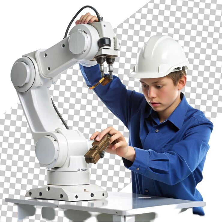 PSD 3d factory worker in safety gear operating machinery dressed in industrial safety gear labor day